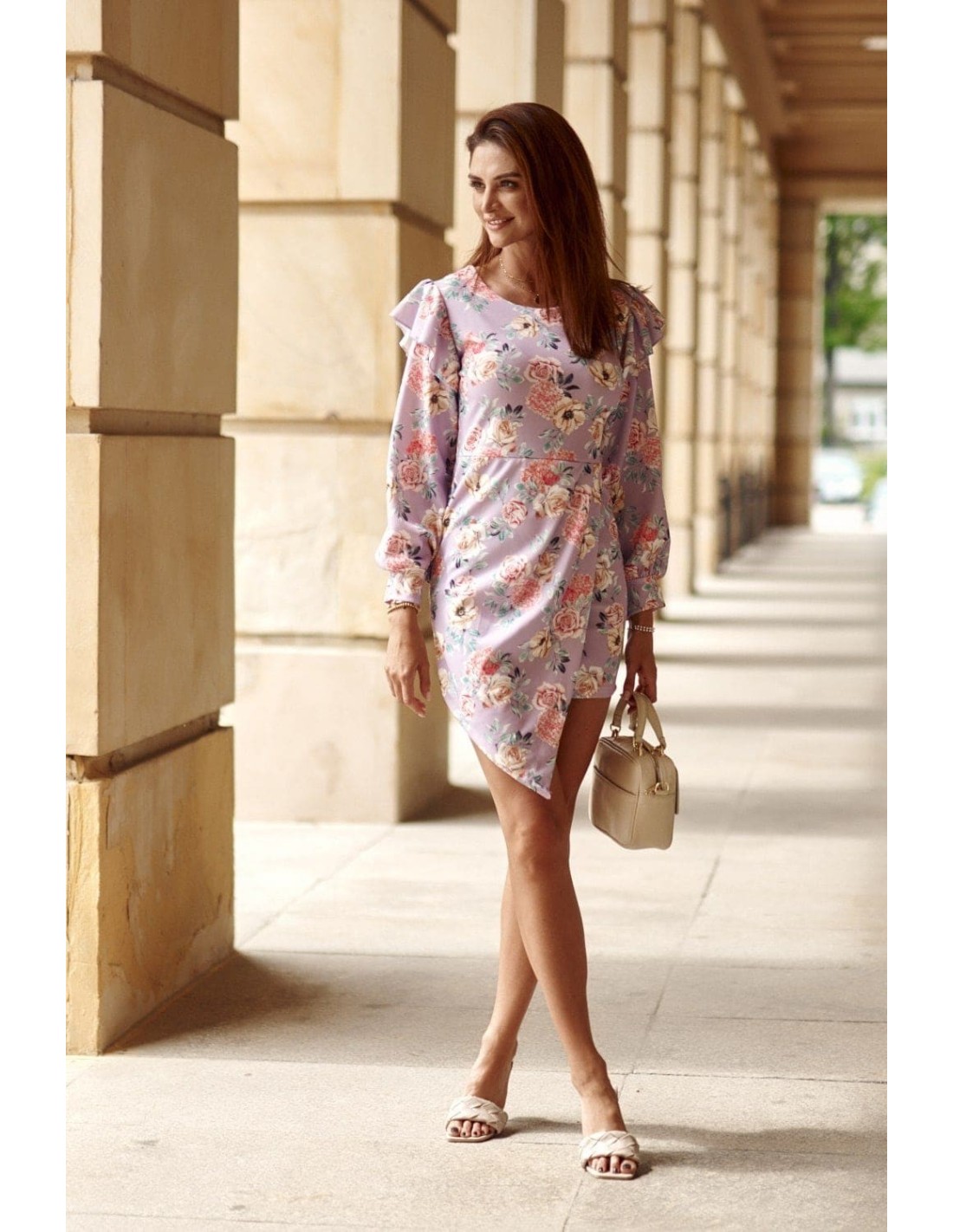 Floral dress with an asymmetrical front, lilac 471 - Online store - Boutique